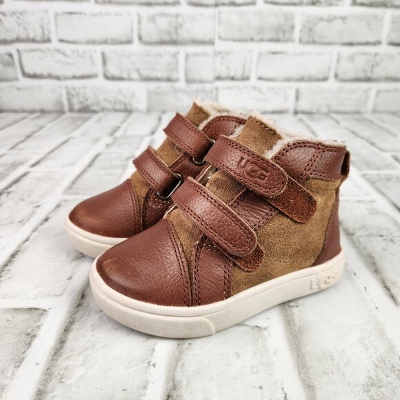 UGG Rennon II High Top Kids Sz 6 Brown Leather Suede Lined Sneaker Boot - Picture 3 of 11